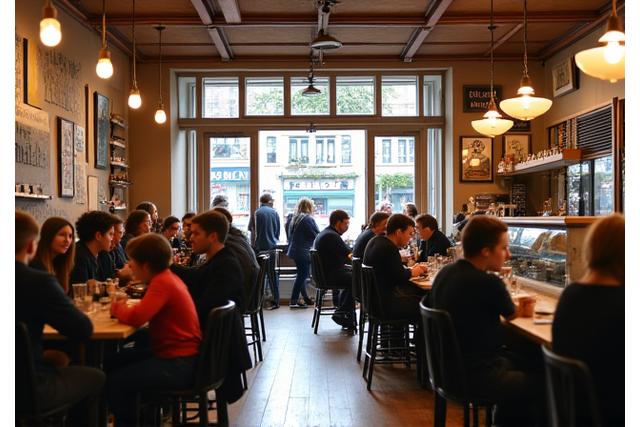 A warm and inviting interior shot of Gaelic Grind cafe, with customers enjoying coffee and conversation, showcasing natural light and comfortable seating.