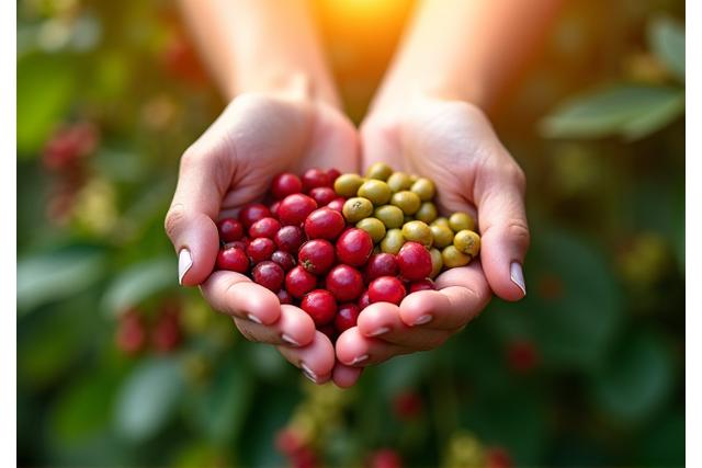 Hands holding freshly harvested coffee cherries and green beans on a coffee farm, with lush foliage in the background.