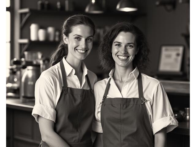 Black and white image of Gaelic Grind's founders in an old cafe setting, evoking a sense of history.
