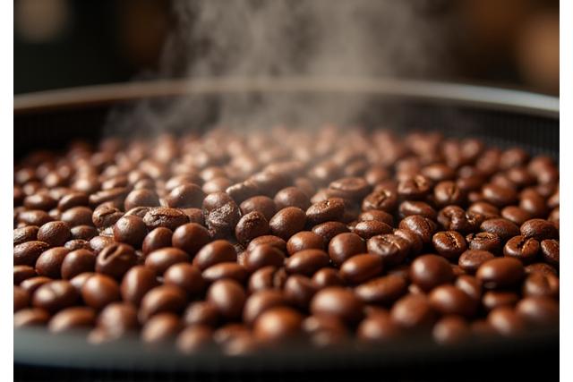 Close-up of coffee beans being roasted in a large, industrial coffee roaster, showing the rich brown colors and steam.