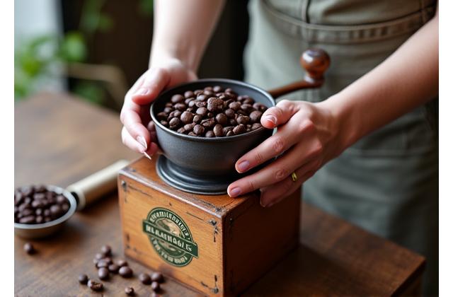 Hands pouring coffee beans into a grinder with a subscription box in the background