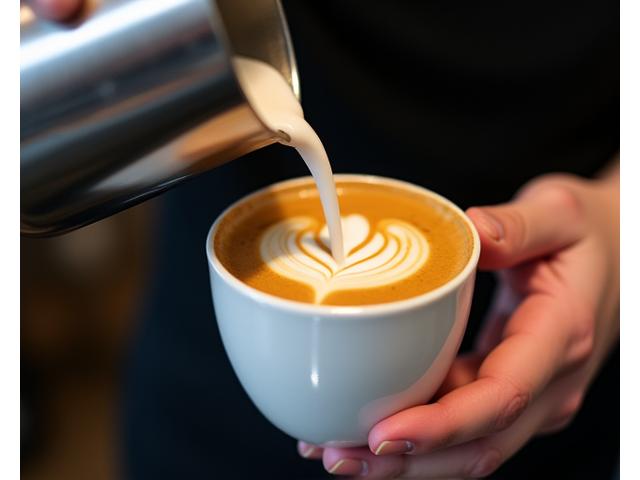 A barista pouring latte art with intricate foam designs